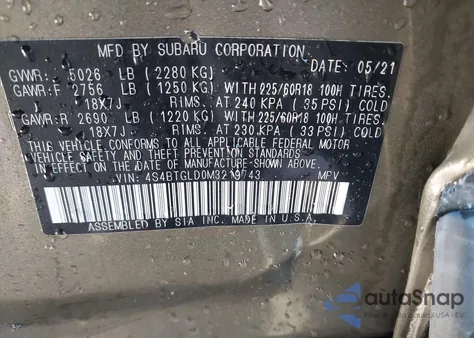 2021 Subaru Outback Onyx Edition Xt z USA, uszkodzony, nr VIN 4S4BTGLD0M3219743